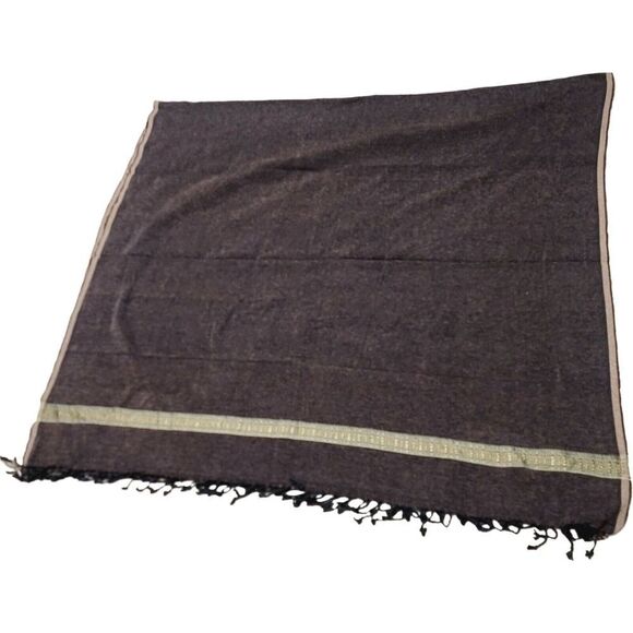 New Hand Wowen Chocolate Brown Fringed Shawl Throw With Gold Trim 49" x 88" - Picture 4 of 7